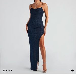 Windsor Size Small floor length navy sparkly formal gown.